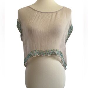 Chan Luu Light Gray Beaded Trim Sheer Boho Cap Sleeve Crop Top Size Medium